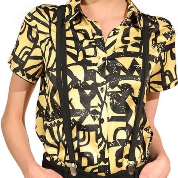 Casual Black n Yellow Graphic Button Down Shirt2pc stranger things eleven battle - Picture 1 of 3